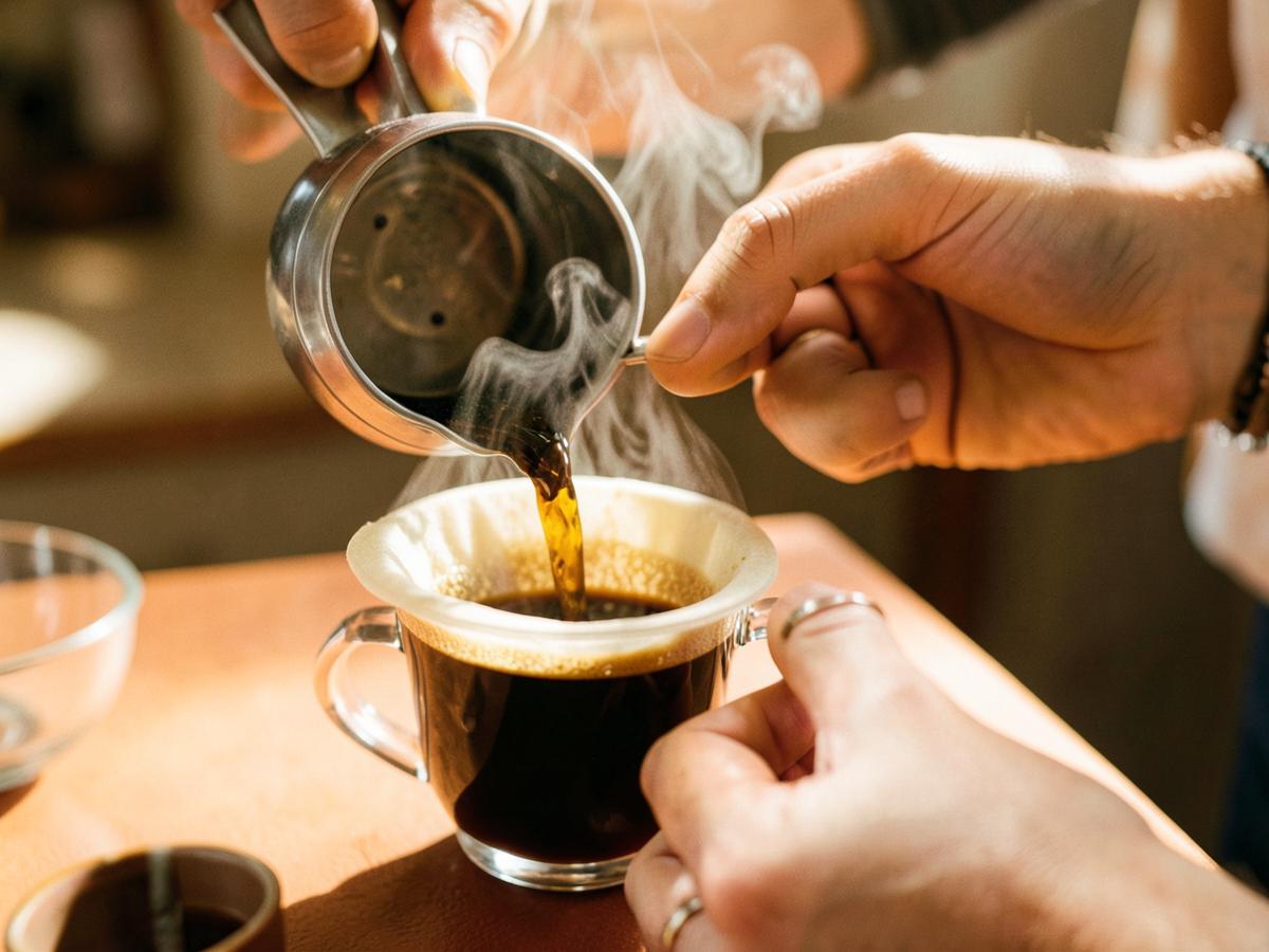 Mãos coando café em filtro, com vapor subindo